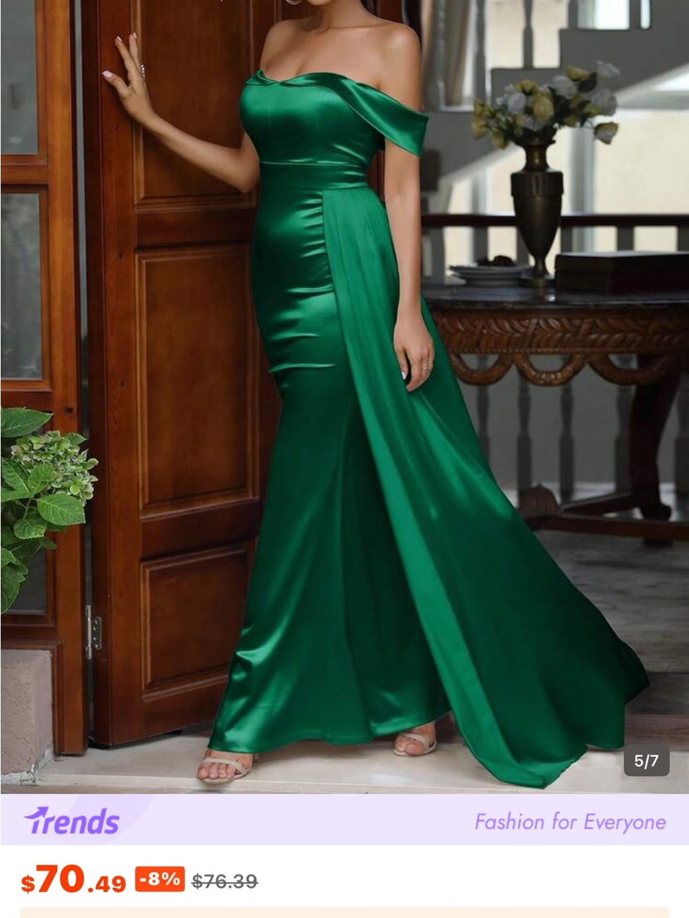 Off-Shoulder Emerald Green Satin Evening Gown